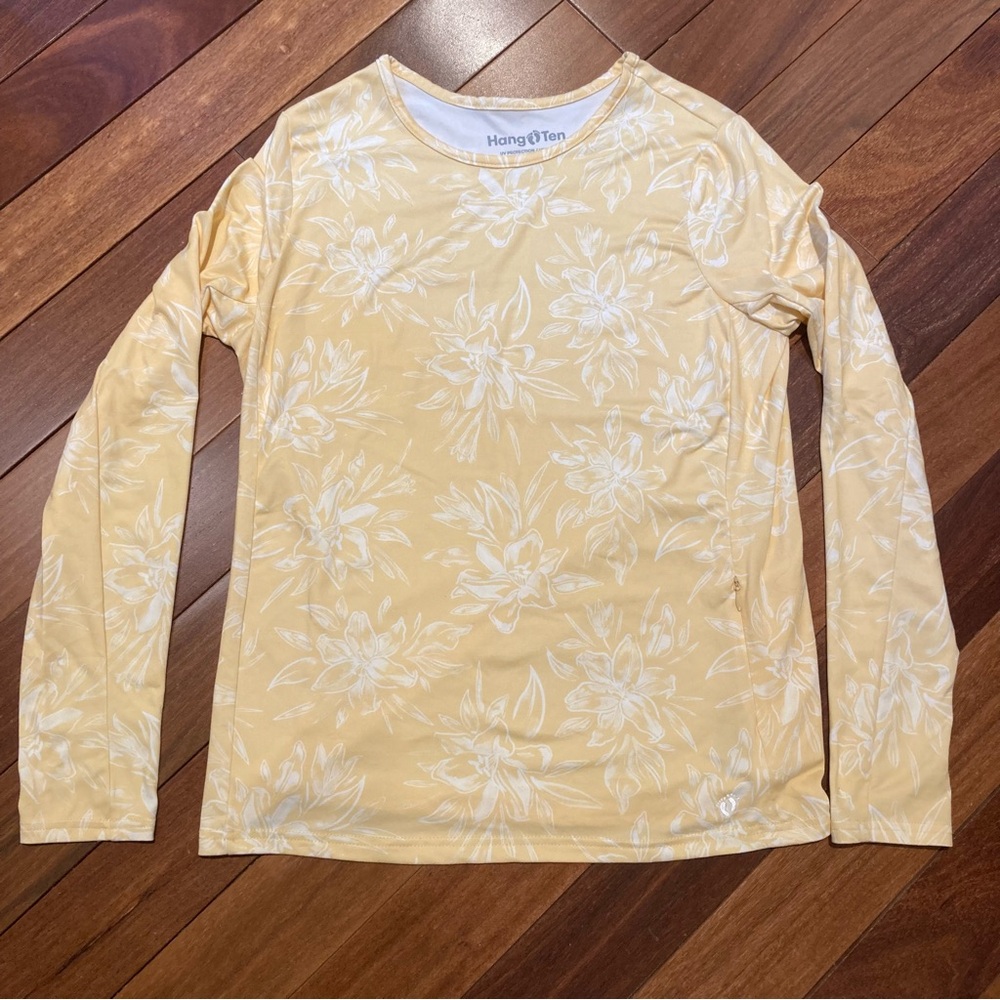 Hang Ten SPF50 Light Yellow Floral Long Sleeve Too Sun Beach Pool Shirt Size S